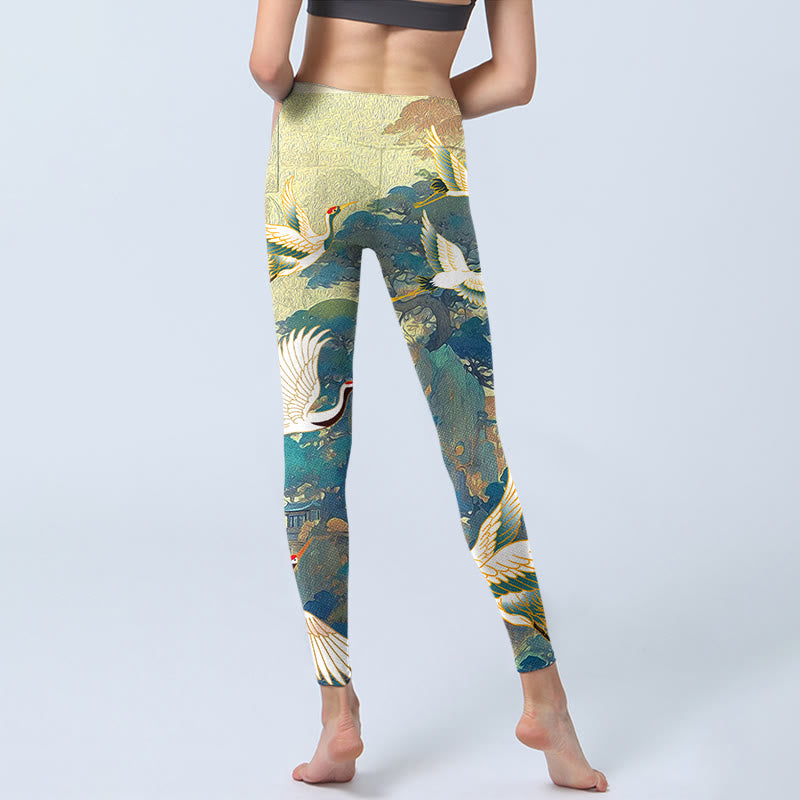 Nimara Ritual Blue Red-crowned Crane Pine Tree Print Gym Leggings Women's Yoga Pants