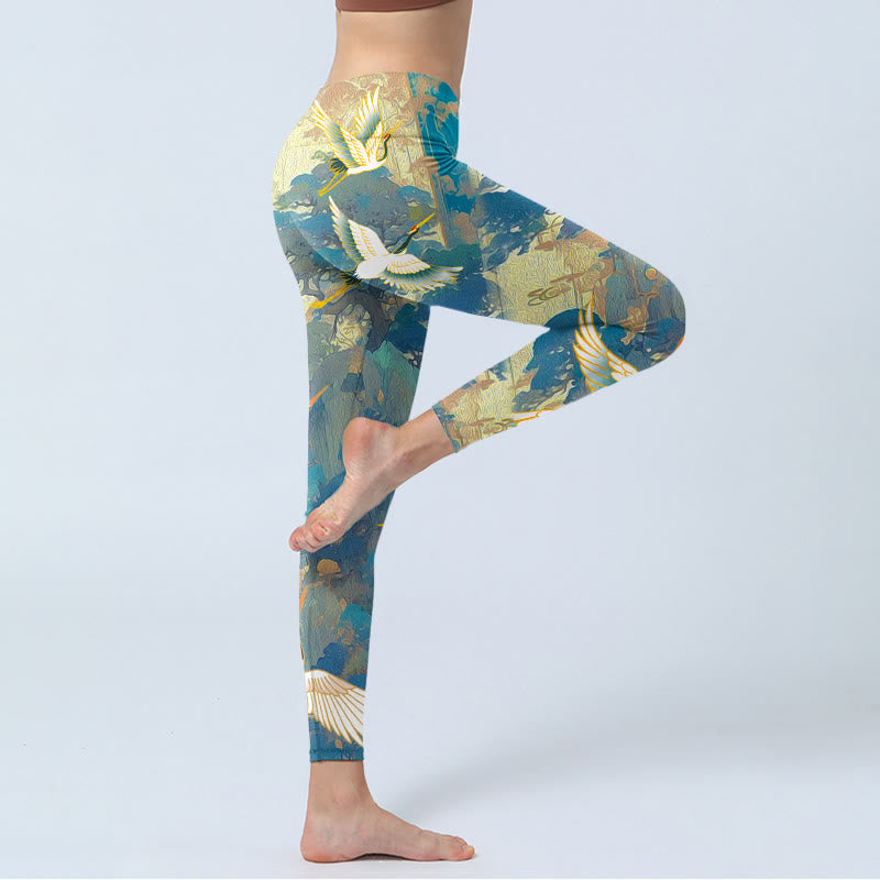 Nimara Ritual Blue Red-crowned Crane Pine Tree Print Gym Leggings Women's Yoga Pants