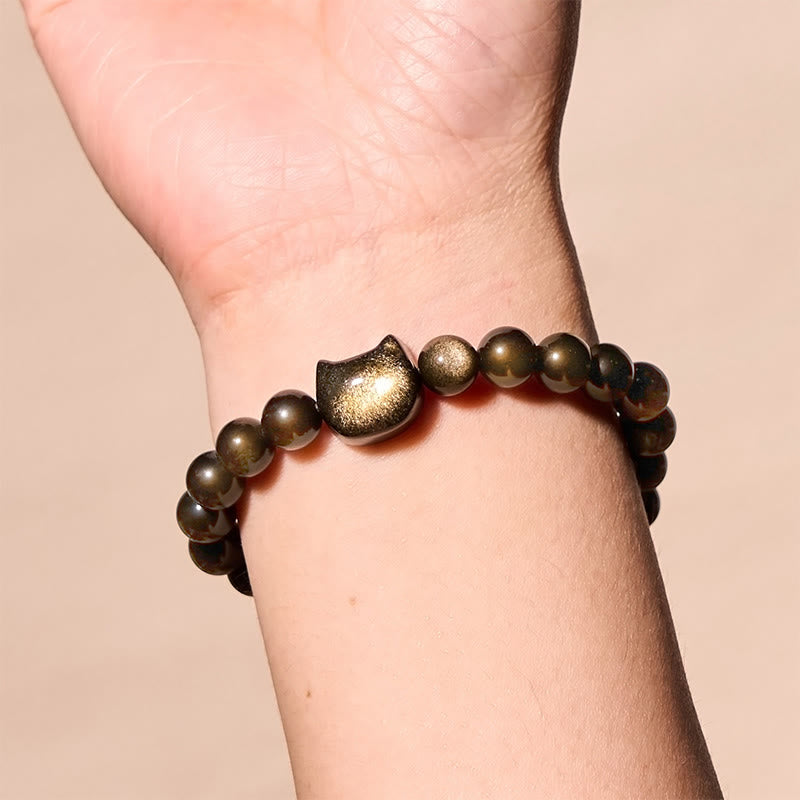 Nimara Ritual Gold Sheen Obsidian Silver Sheen Obsidian Lovely Paw Lucky Cat Protection Bracelet