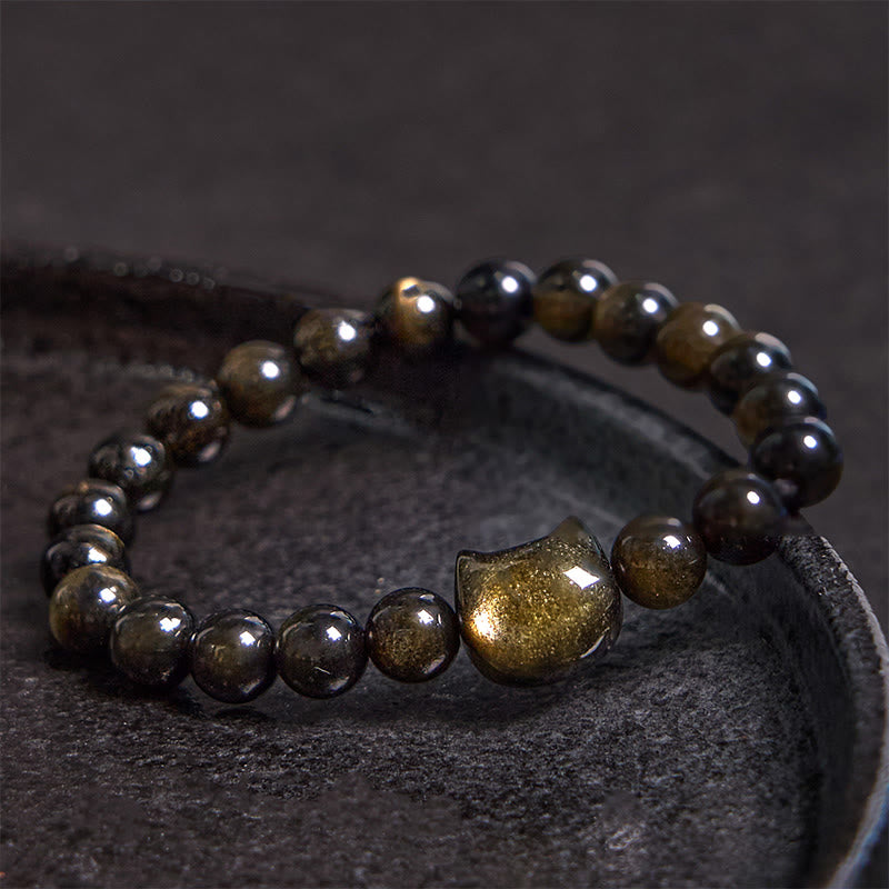 Nimara Ritual Gold Sheen Obsidian Silver Sheen Obsidian Lovely Paw Lucky Cat Protection Bracelet