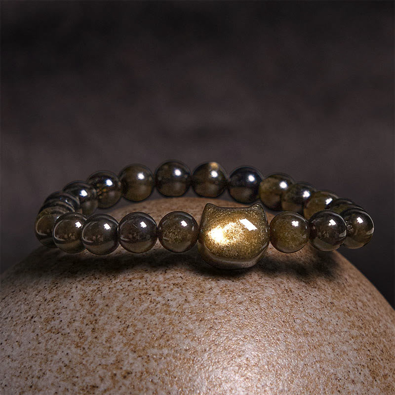 Nimara Ritual Gold Sheen Obsidian Silver Sheen Obsidian Lovely Paw Lucky Cat Protection Bracelet