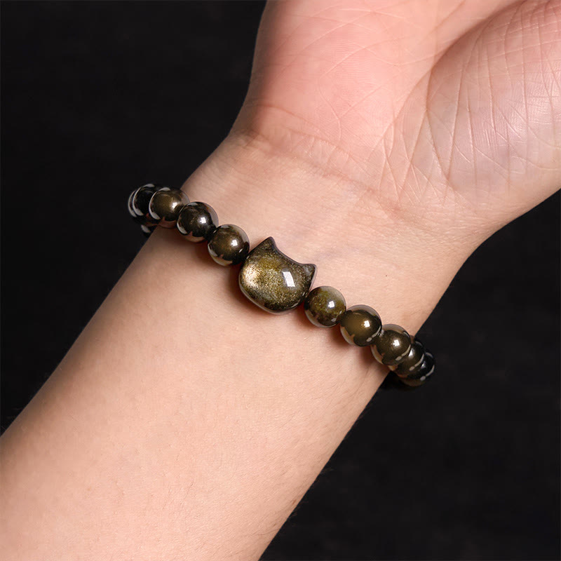 Nimara Ritual Gold Sheen Obsidian Silver Sheen Obsidian Lovely Paw Lucky Cat Protection Bracelet