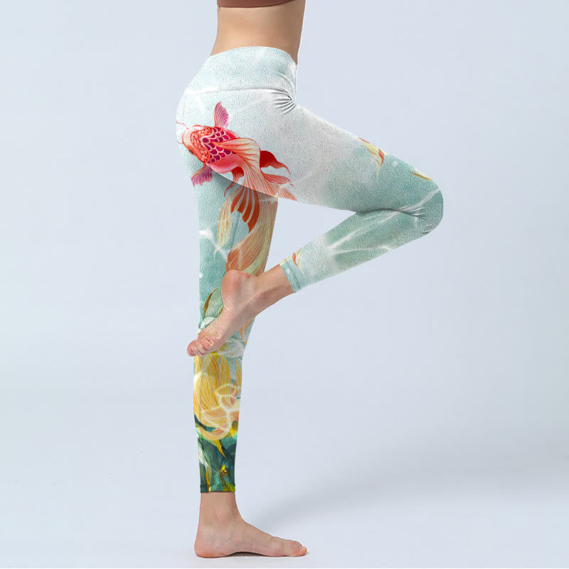 Nimara Ritual Green Koi Fish White Lotus Water Ripples Print Gym Leggings Women's Yoga Pants