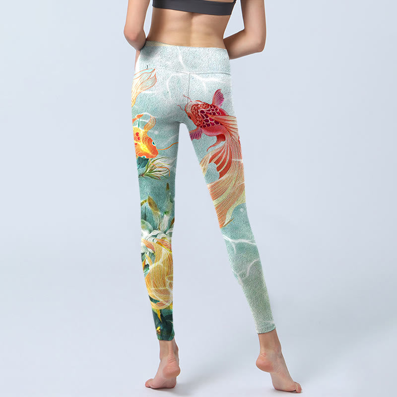 Nimara Ritual Green Koi Fish White Lotus Water Ripples Print Gym Leggings Women's Yoga Pants