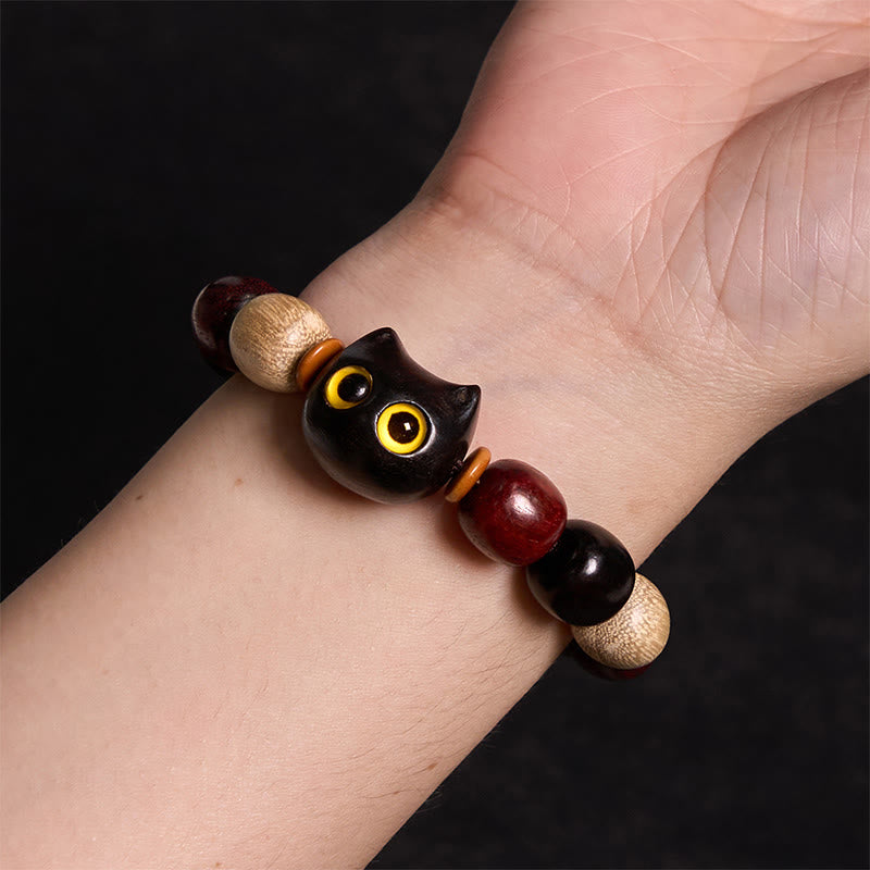 Nimara Ritual Small Leaf Red Sandalwood Ebony Wood Cute Cat Engraved Protection Bracelet