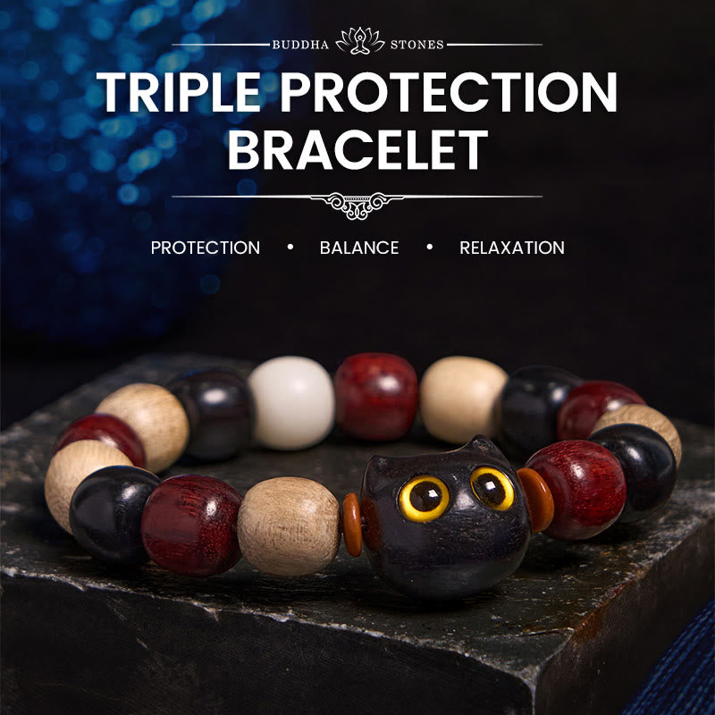 Nimara Ritual Small Leaf Red Sandalwood Ebony Wood Cute Cat Engraved Protection Bracelet