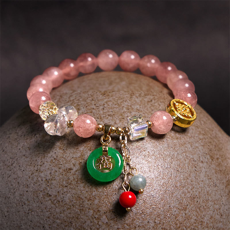 Nimara Ritual Strawberry Quartz Jade Fu Character Charm Healing Bracelet