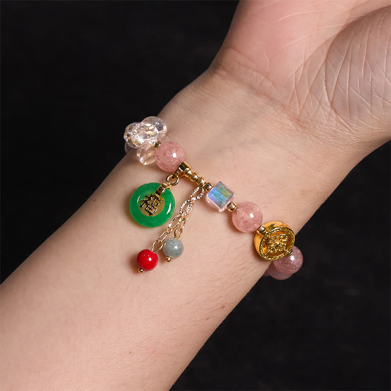 Nimara Ritual Strawberry Quartz Jade Fu Character Charm Healing Bracelet