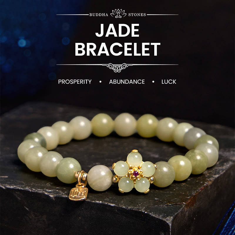 Nimara Ritual Green Jade Flower Fu Character Charm Luck Bracelet