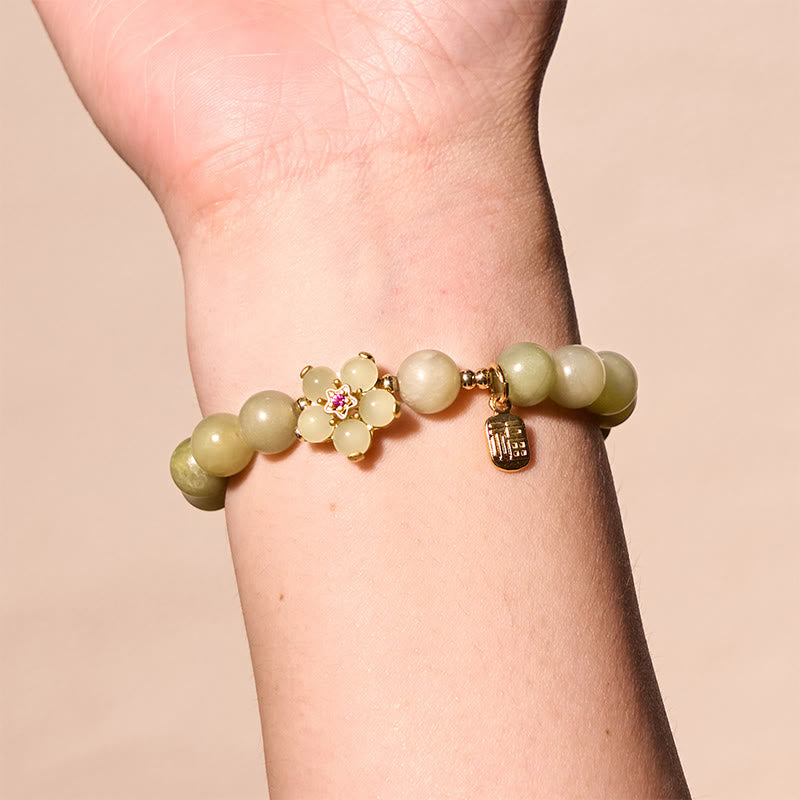 Nimara Ritual Green Jade Flower Fu Character Charm Luck Bracelet