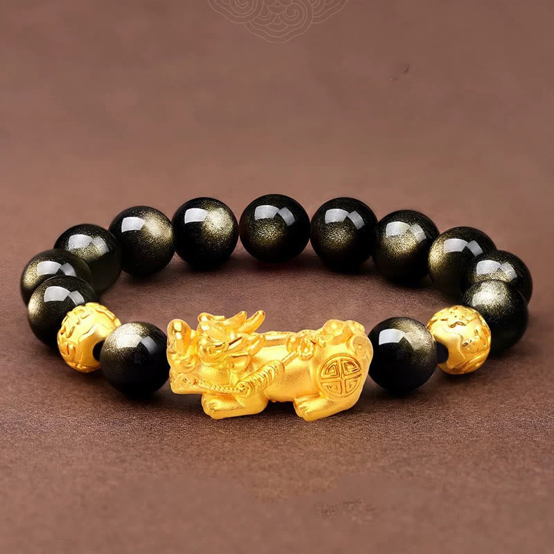 Nimara Ritual Natural Gold Sheen Obsidian PiXiu Om Mani Padme Hum Wealth Bracelet