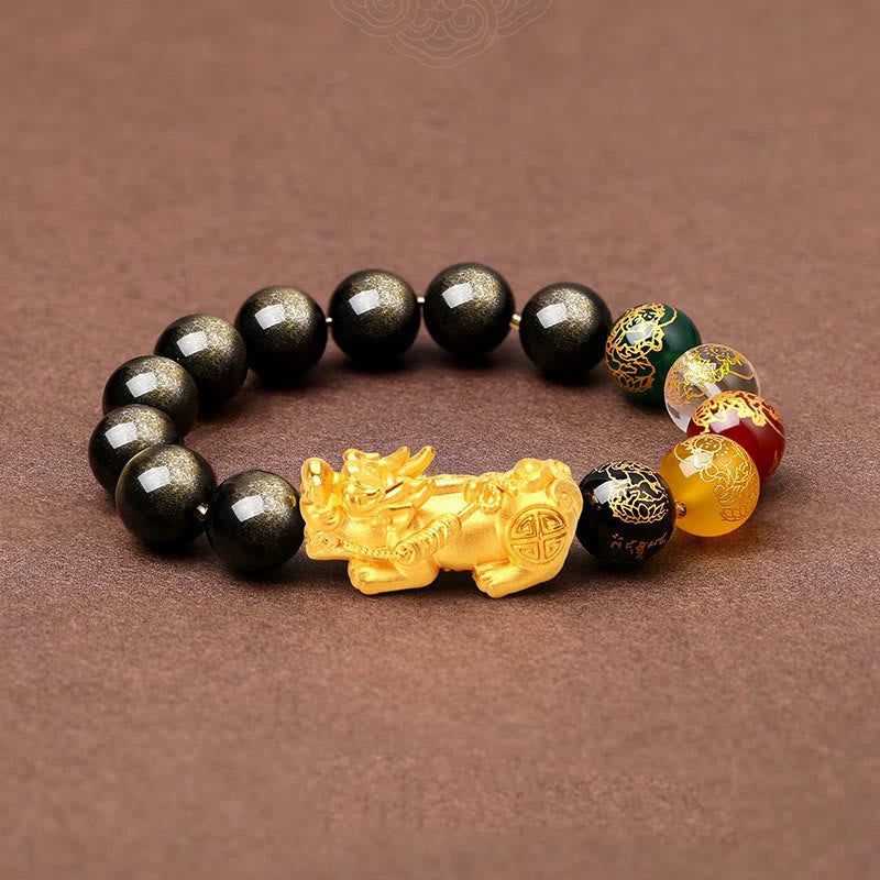 Nimara Ritual Natural Gold Sheen Obsidian PiXiu Five Directions Gods of Wealth Protection Bracelet