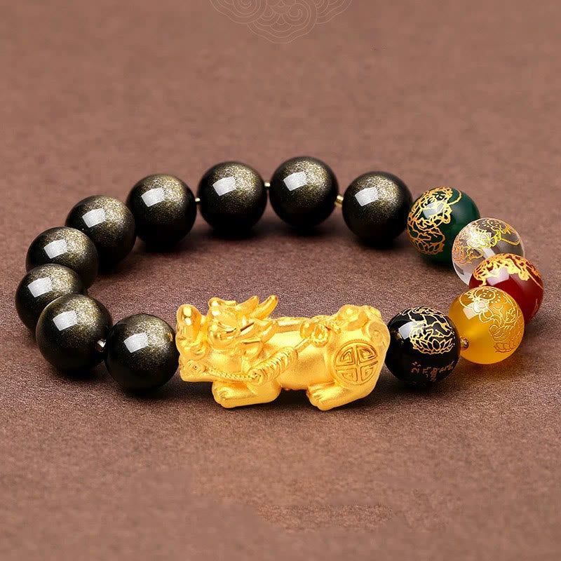 Nimara Ritual Natural Gold Sheen Obsidian PiXiu Five Directions Gods of Wealth Protection Bracelet