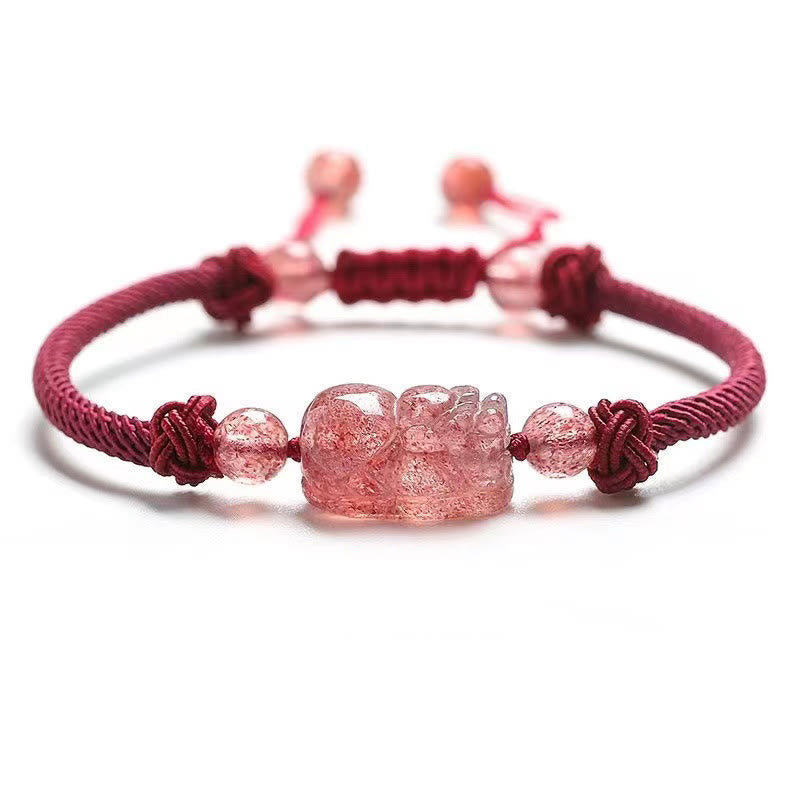 Nimara Ritual Natural Strawberry Quartz PiXiu Red String Braided Protection Bracelet