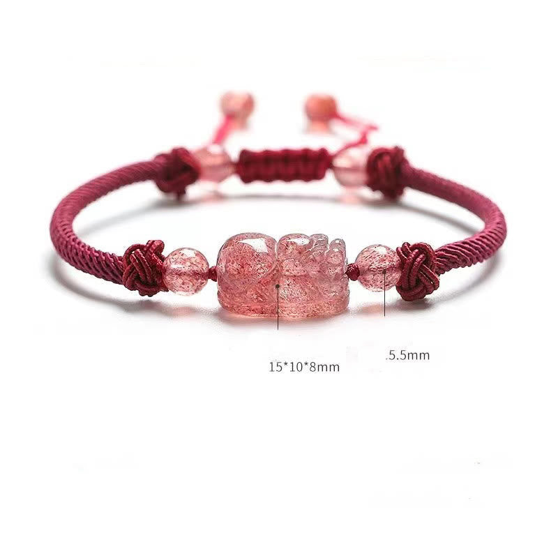 Nimara Ritual Natural Strawberry Quartz PiXiu Red String Braided Protection Bracelet
