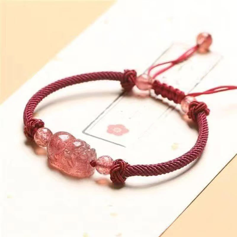 Nimara Ritual Natural Strawberry Quartz PiXiu Red String Braided Protection Bracelet