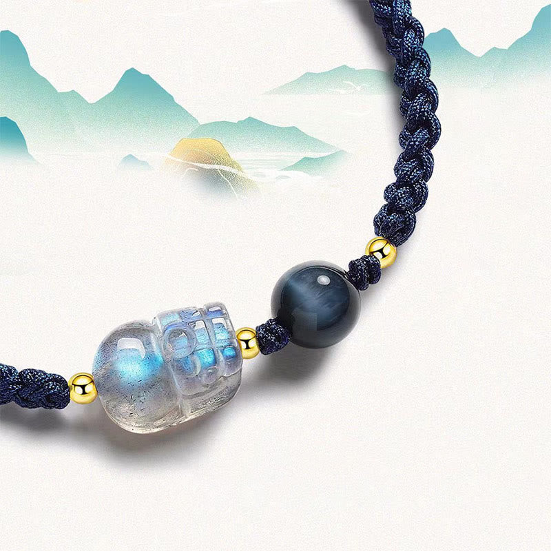 Nimara Ritual Moonstone PiXiu Blue Tiger Eye Fu Character Healing Couple String Bracelet