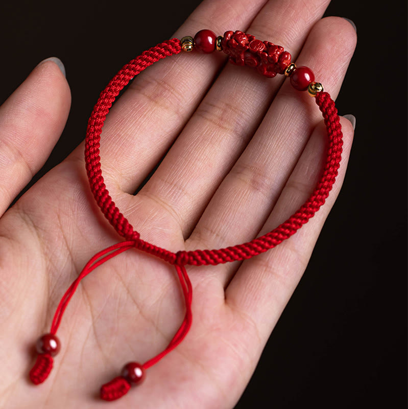 Nimara Ritual Handmade Cinnabar Ruyi Handle Fu Character PiXiu Blessing Red String Braided Bracelet