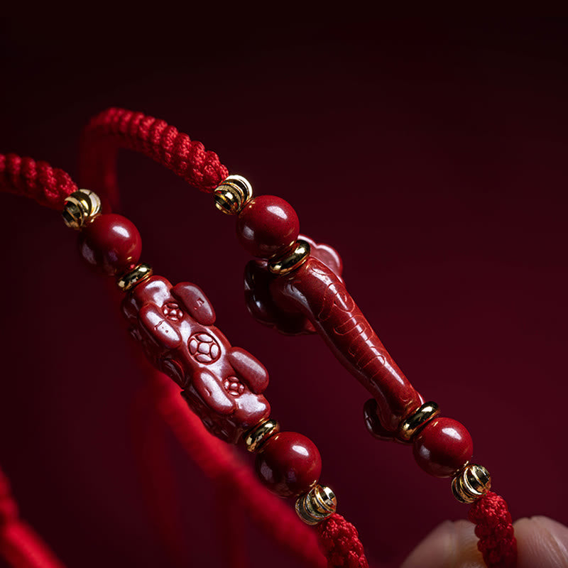 Nimara Ritual Handmade Cinnabar Ruyi Handle Fu Character PiXiu Blessing Red String Braided Bracelet