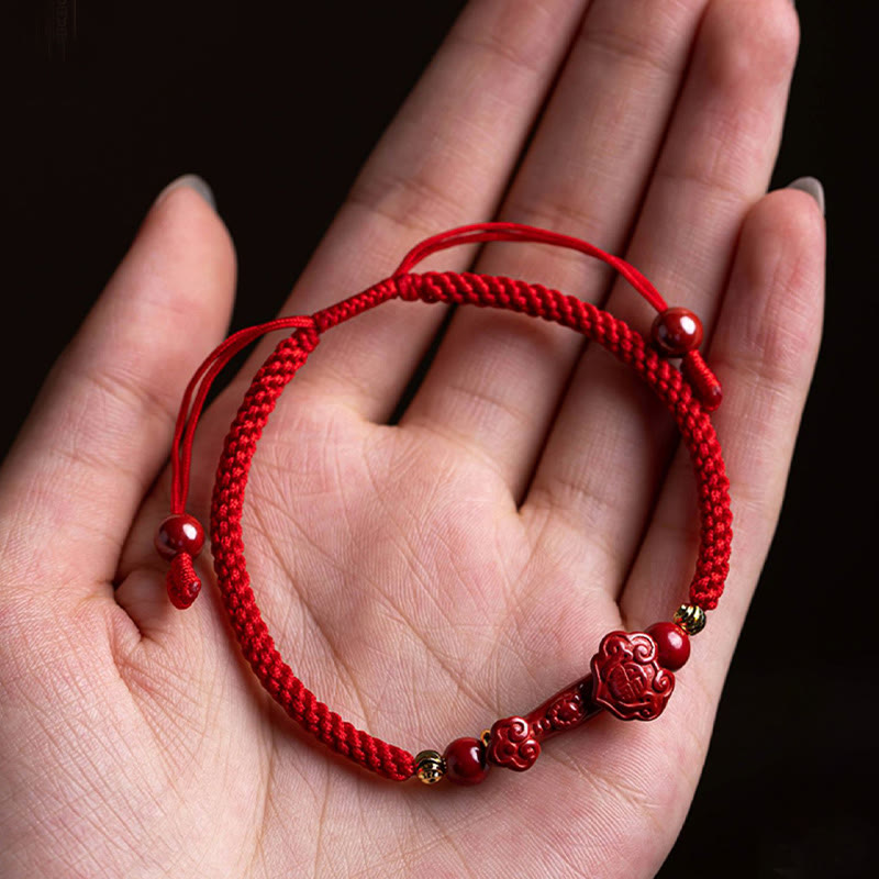 Nimara Ritual Handmade Cinnabar Ruyi Handle Fu Character PiXiu Blessing Red String Braided Bracelet