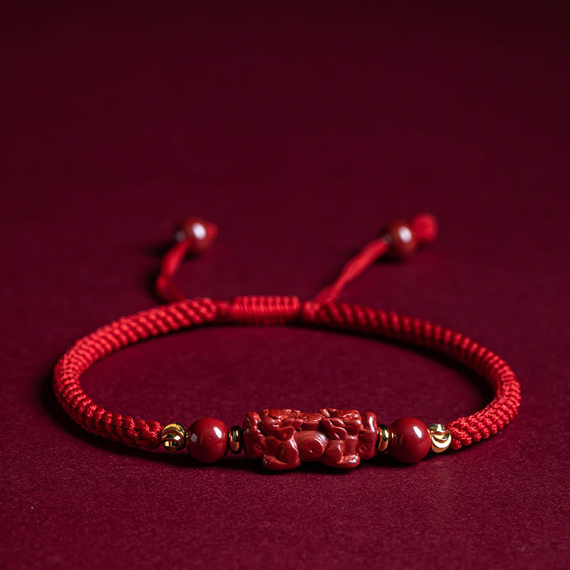 Nimara Ritual Handmade Cinnabar Ruyi Handle Fu Character PiXiu Blessing Red String Braided Bracelet