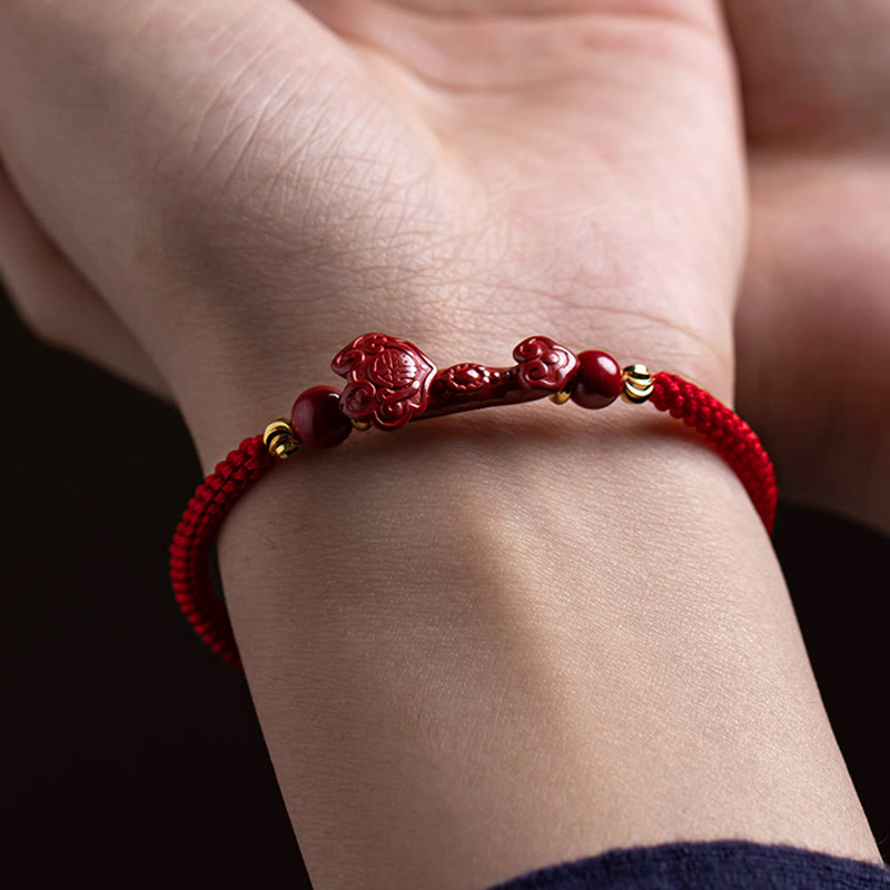 Nimara Ritual Handmade Cinnabar Ruyi Handle Fu Character PiXiu Blessing Red String Braided Bracelet