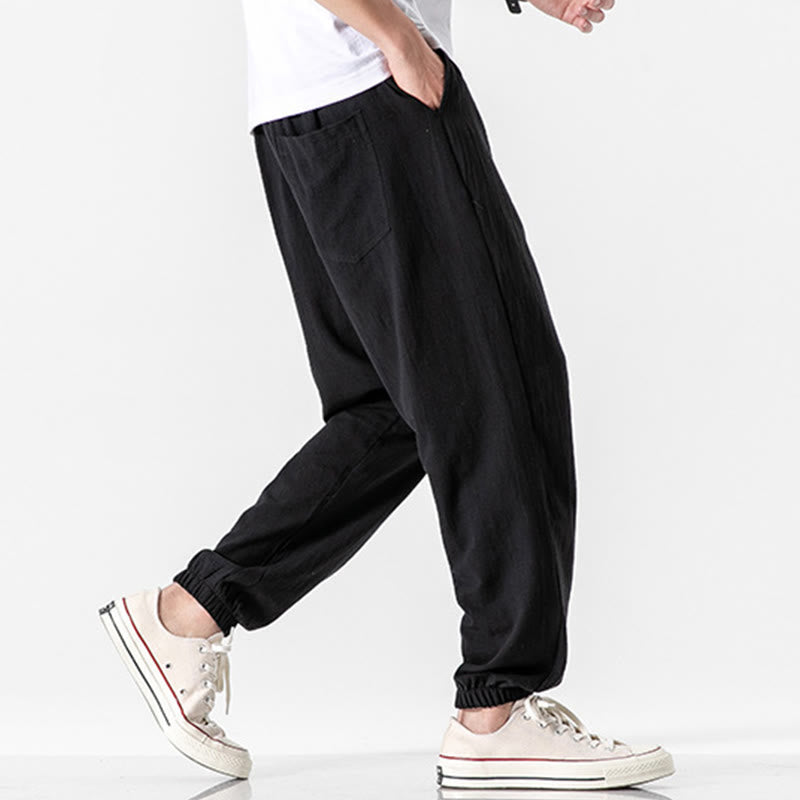 Nimara Ritual Solid Color Drawstring Cotton Men's Pants With Pockets