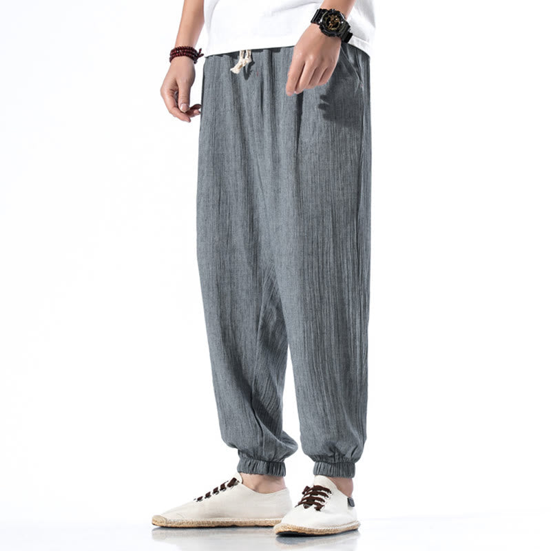 Nimara Ritual Casual Solid Color Drawstring Linen Men's Pants With Pockets