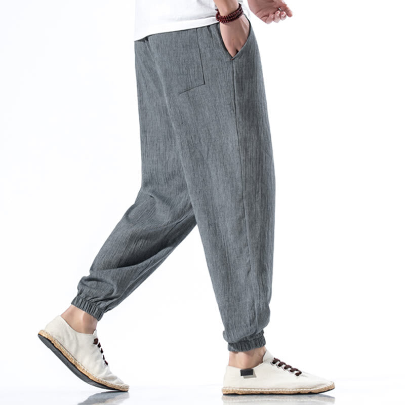 Nimara Ritual Casual Solid Color Drawstring Linen Men's Pants With Pockets