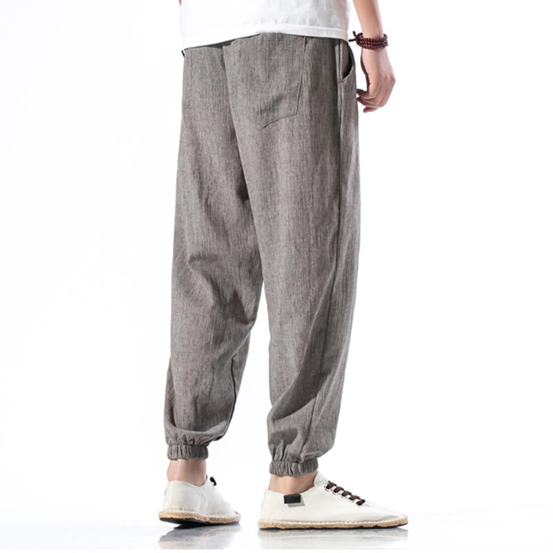 Nimara Ritual Casual Solid Color Drawstring Linen Men's Pants With Pockets