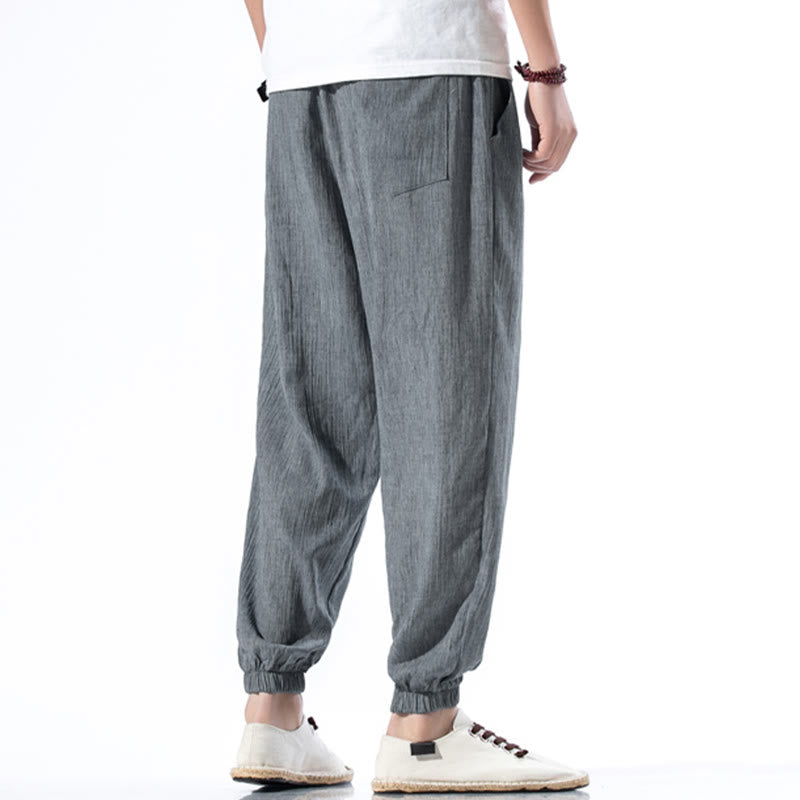 Nimara Ritual Casual Solid Color Drawstring Linen Men's Pants With Pockets
