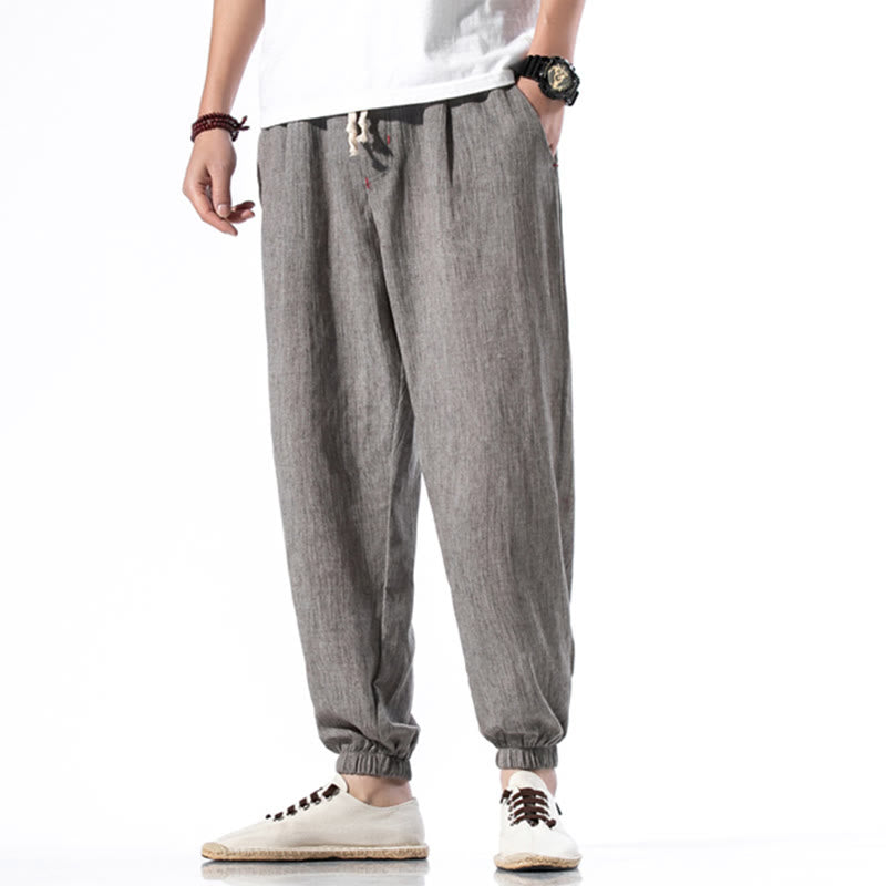 Nimara Ritual Casual Solid Color Drawstring Linen Men's Pants With Pockets