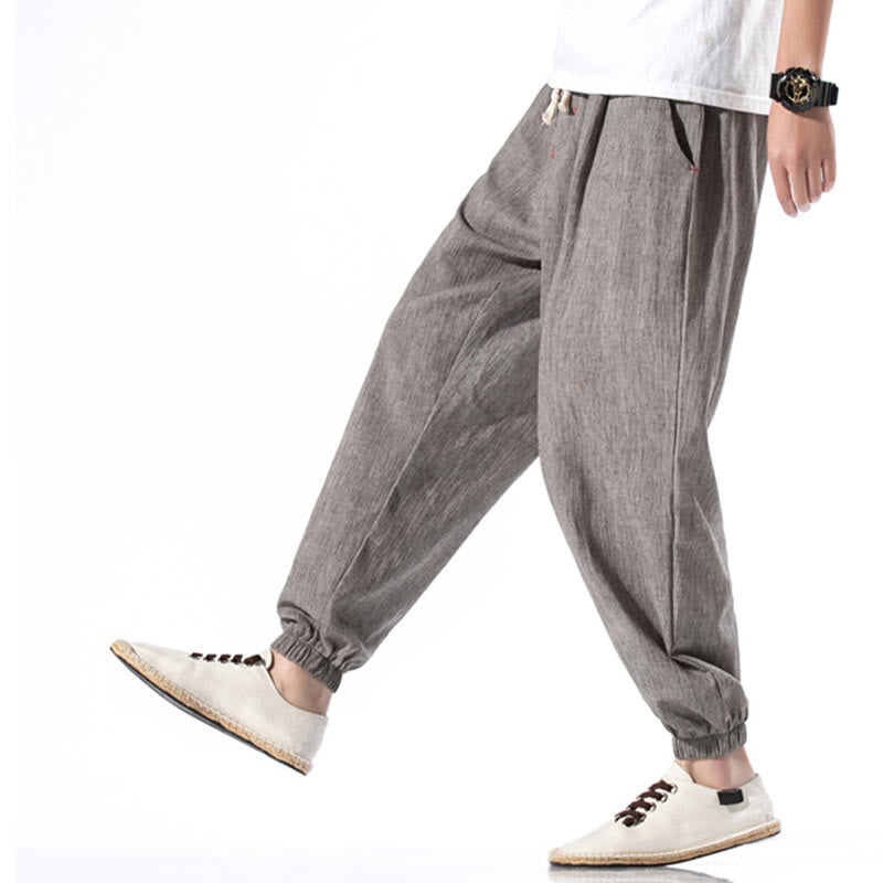 Nimara Ritual Casual Solid Color Drawstring Linen Men's Pants With Pockets