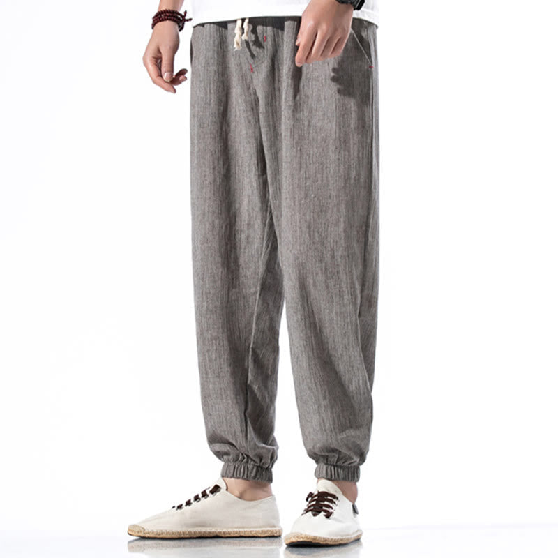 Nimara Ritual Casual Solid Color Drawstring Linen Men's Pants With Pockets