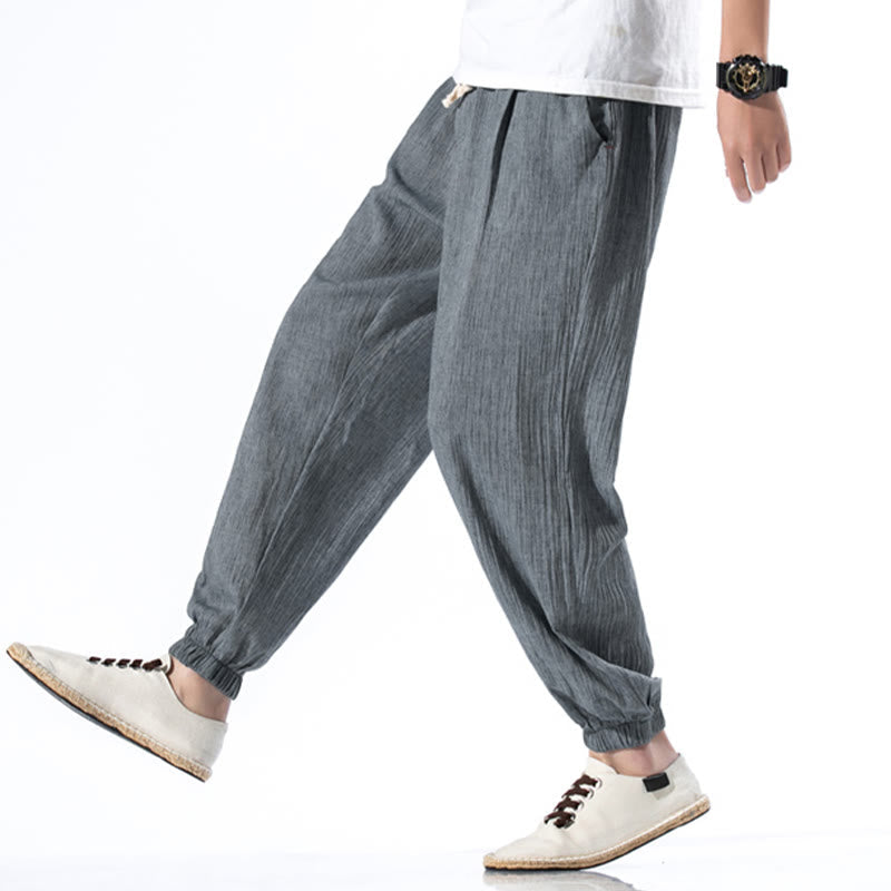 Nimara Ritual Casual Solid Color Drawstring Linen Men's Pants With Pockets