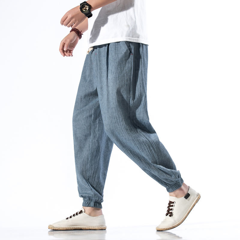 Nimara Ritual Casual Solid Color Drawstring Linen Men's Pants With Pockets