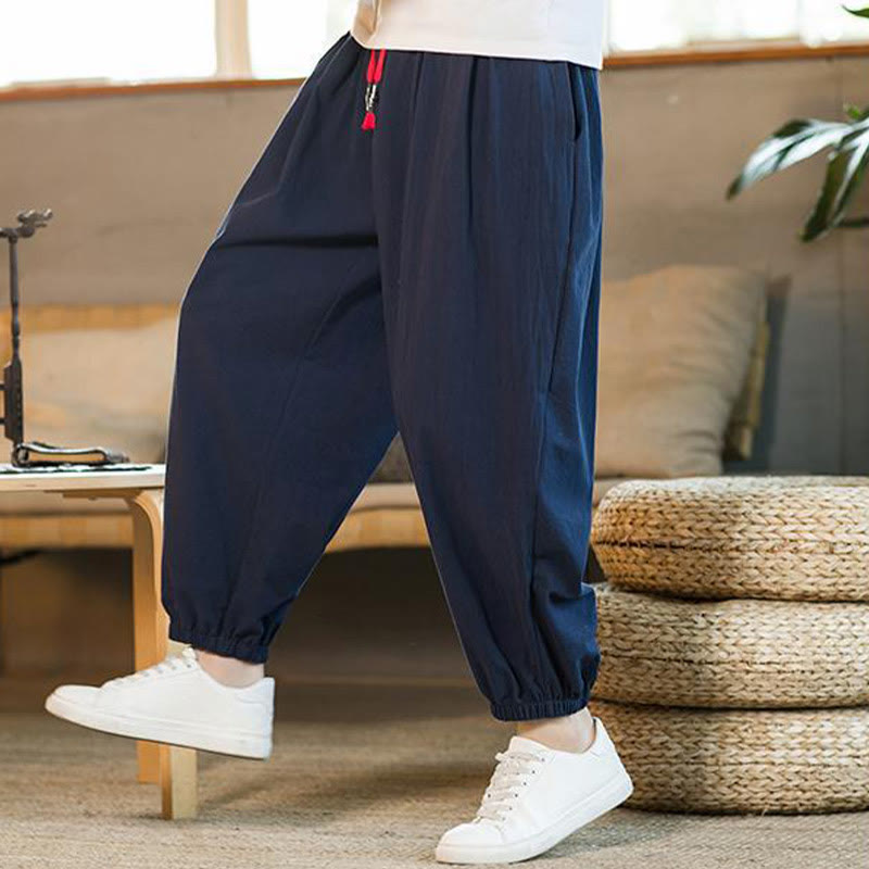 Nimara Ritual Plain Color Red Drawstring Linen Men's Pants With Pockets