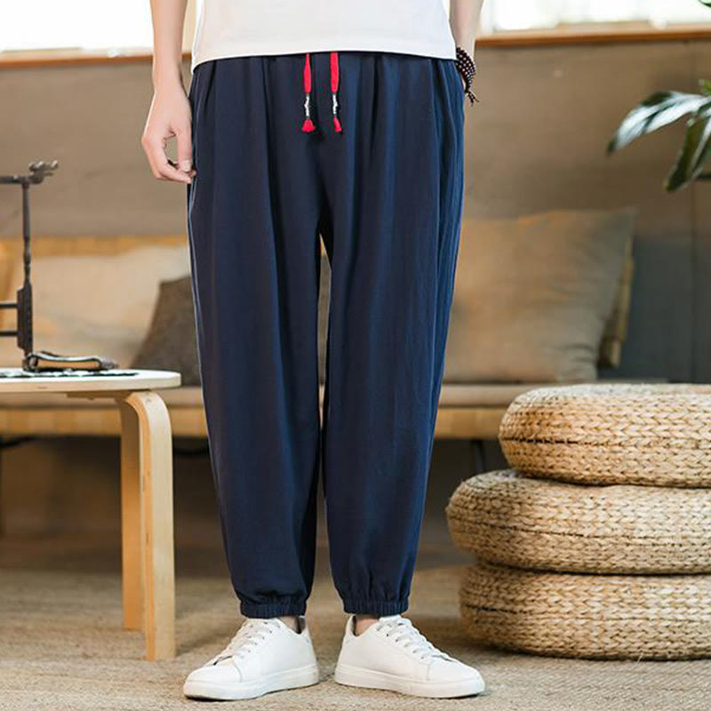 Nimara Ritual Plain Color Red Drawstring Linen Men's Pants With Pockets
