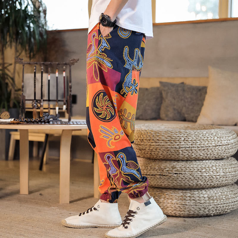 Nimara Ritual Grid Flower Print Cotton Men's Harem Cropped Pants With Pockets