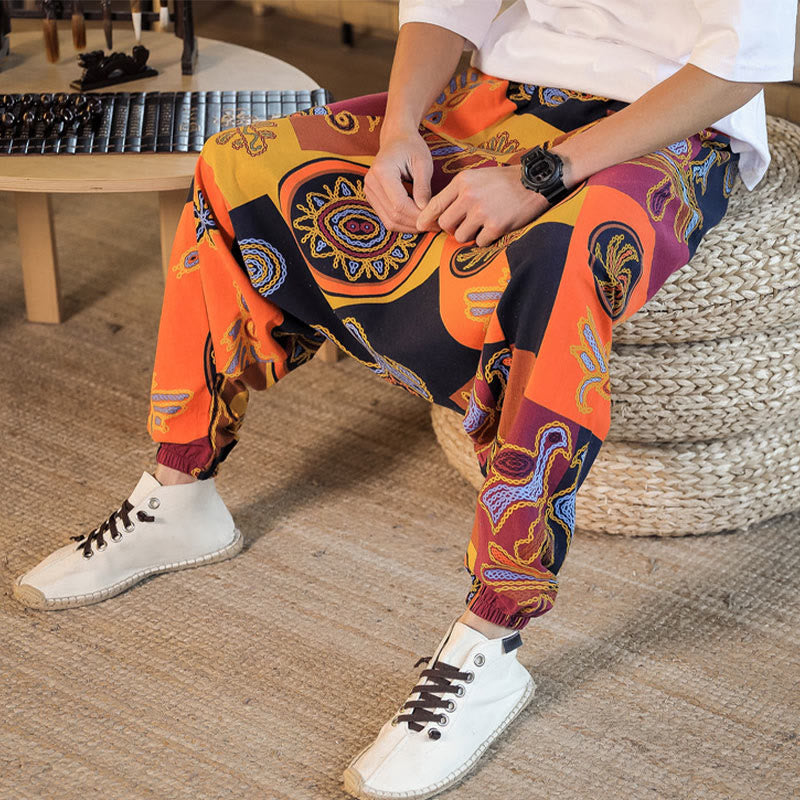 Nimara Ritual Grid Flower Print Cotton Men's Harem Cropped Pants With Pockets