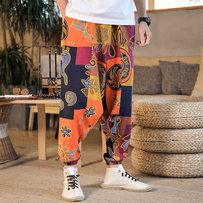 Nimara Ritual Grid Flower Print Cotton Men's Harem Cropped Pants With Pockets