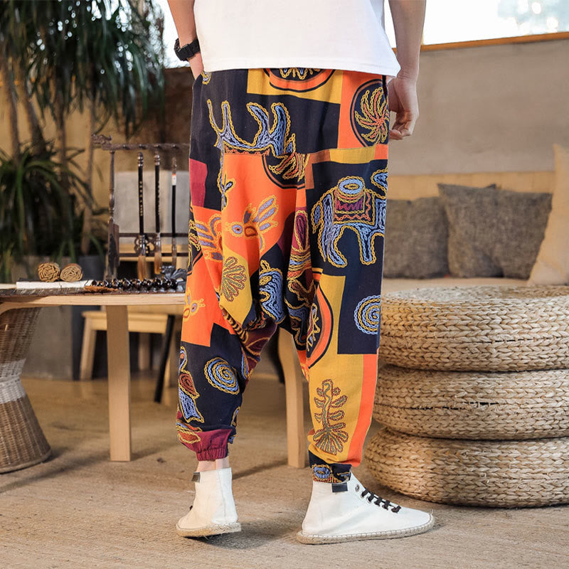 Nimara Ritual Grid Flower Print Cotton Men's Harem Cropped Pants With Pockets