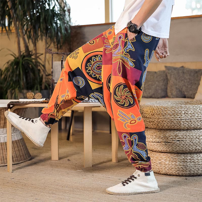Nimara Ritual Grid Flower Print Cotton Men's Harem Cropped Pants With Pockets