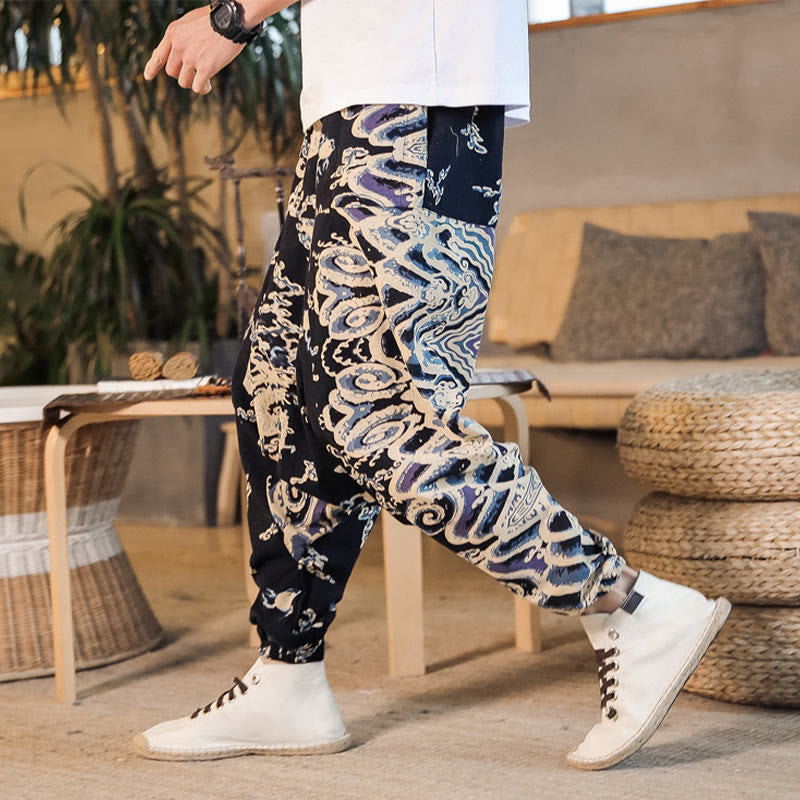 Nimara Ritual Chinese Dragon Pattern Cotton Men's Harem Pants With Pockets