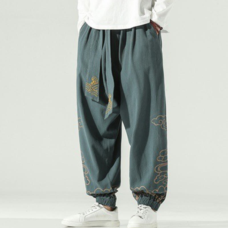 Nimara Ritual Auspicious Clouds Cotton Linen Men's Drawstring Harem Pants With Pockets