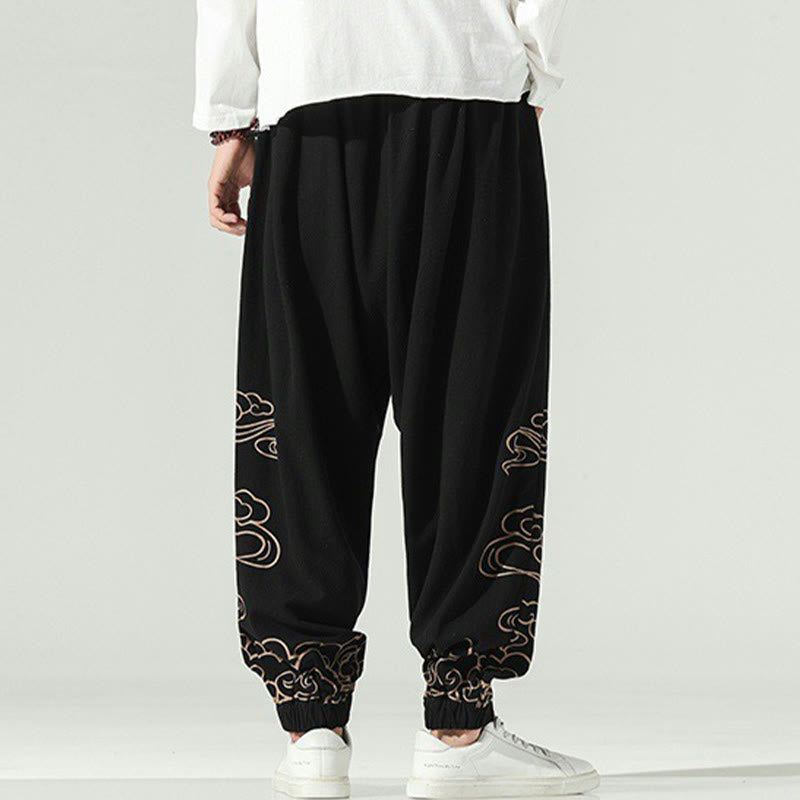 Nimara Ritual Auspicious Clouds Cotton Linen Men's Drawstring Harem Pants With Pockets
