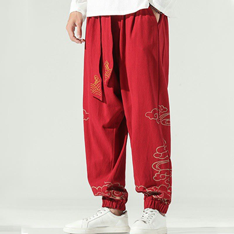 Nimara Ritual Auspicious Clouds Cotton Linen Men's Drawstring Harem Pants With Pockets