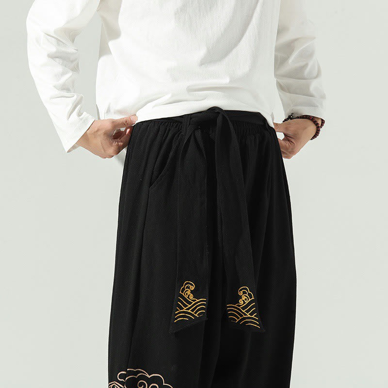 Nimara Ritual Auspicious Clouds Cotton Linen Men's Drawstring Harem Pants With Pockets