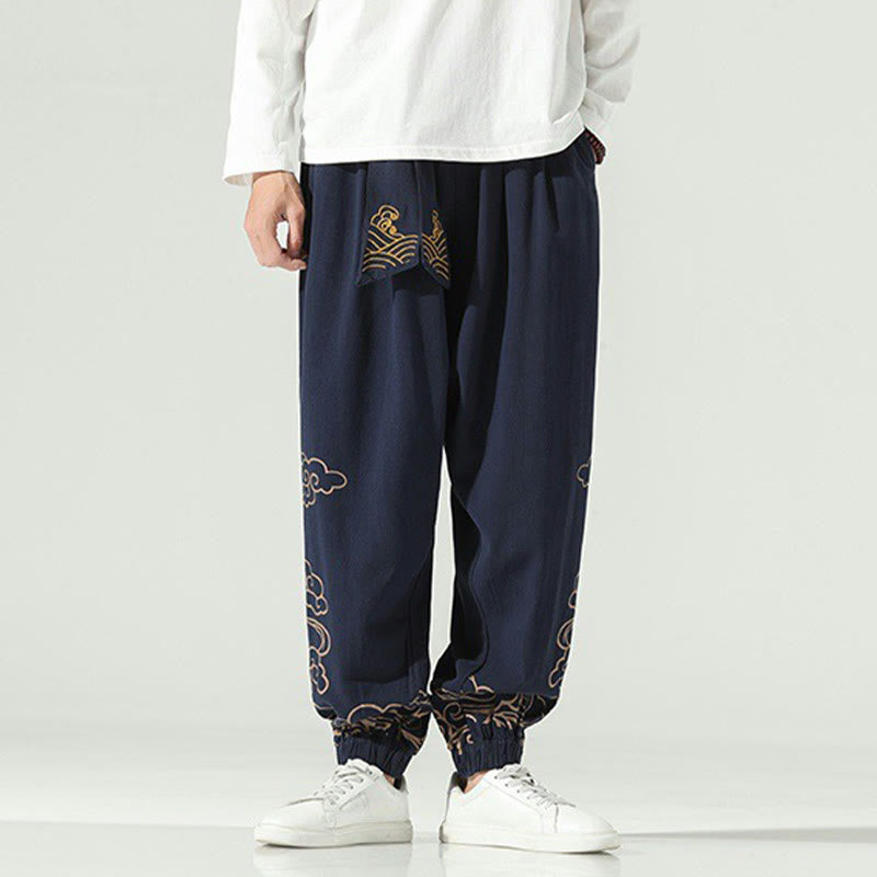 Nimara Ritual Auspicious Clouds Cotton Linen Men's Drawstring Harem Pants With Pockets