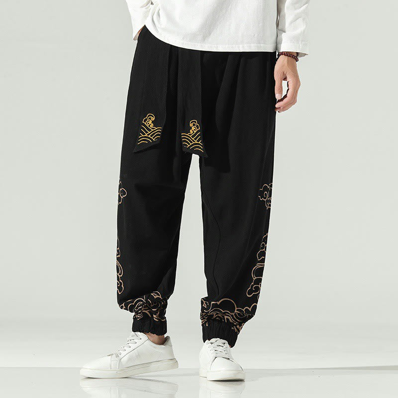 Nimara Ritual Auspicious Clouds Cotton Linen Men's Drawstring Harem Pants With Pockets